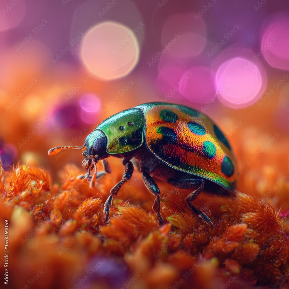 Poster vibrant iridescent beetle on orange moss close up macro with bokeh background