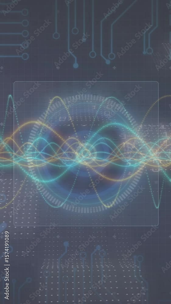 Poster animation illustrating digital technology with colorful waveforms and circuit patterns