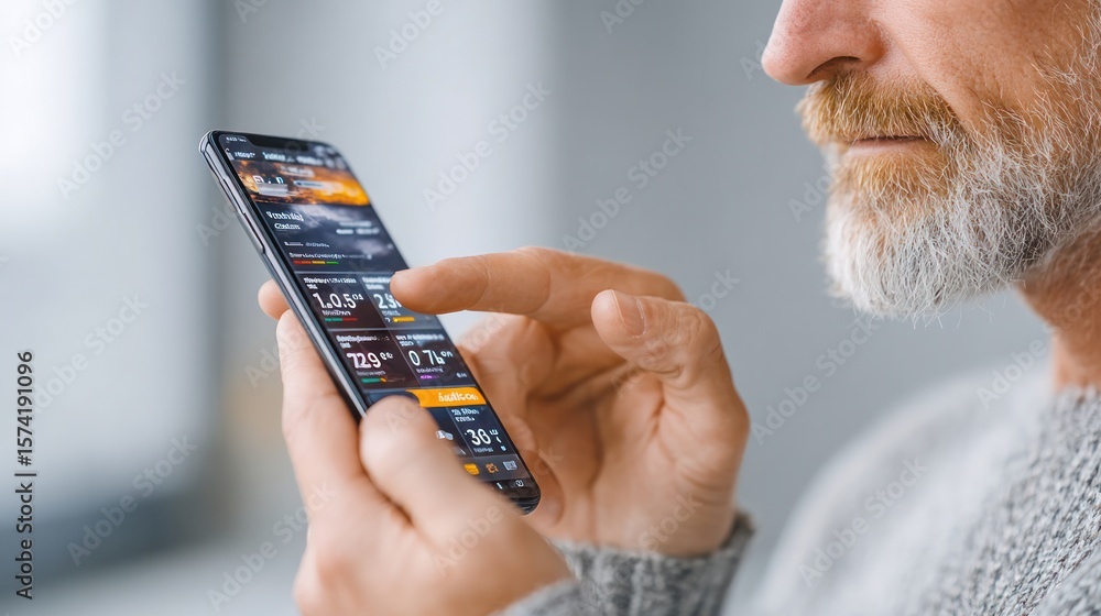 Poster digital connection: an older adult focuses intently on a mobile phone, fingers gliding across the sc