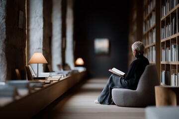 Elderly female reading book in cozy library with soft lighting and bookshelves