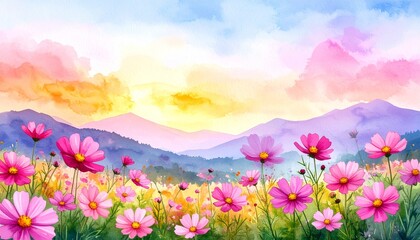 Obraz premium Paysage d'illustration aquarelle de champ cosmos