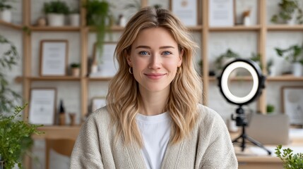 Caucasian young female in cozy office with plants and modern decor
