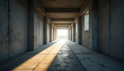 Obraz premium Empty Concrete Hallway with Sunlight at the End