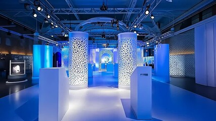 Futuristic exhibit hall with white columns and blue neon lighting creates modern atmosphere