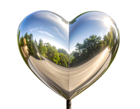 Polished Silver Heart with Clear Reflections of Trees and Sunlight, Transparent Background PNG