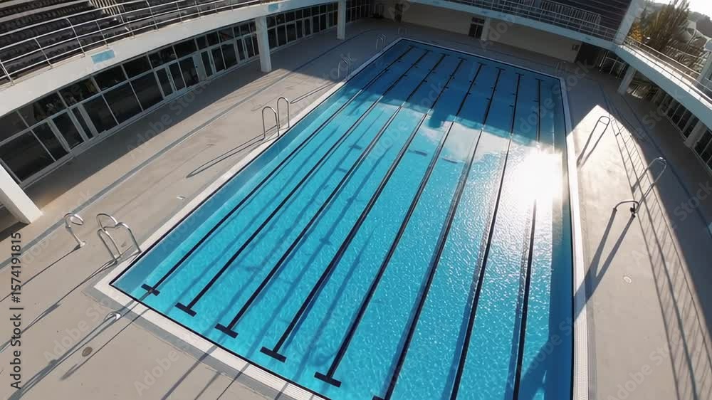 Poster sunlight reflects off the surface of an empty olympic sized swimming pool, creating a shimmering eff