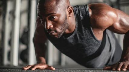 Push-up Power: A focused individual is captured in a dynamic moment of strength, executing a push-up with remarkable determination in a modern fitness setting.  - Powered by Adobe