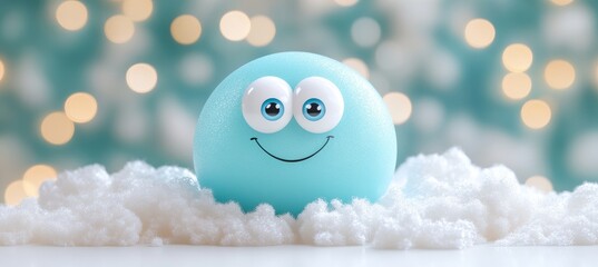 Obraz premium 3D Happy Light Blue Face Emoji on Blurred Background. Cute Cartoon Character for Holiday Designs.