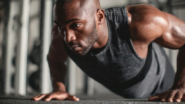 Push-up Power: A focused individual is captured in a dynamic moment of strength, executing a push-up with remarkable determination in a modern fitness setting. 