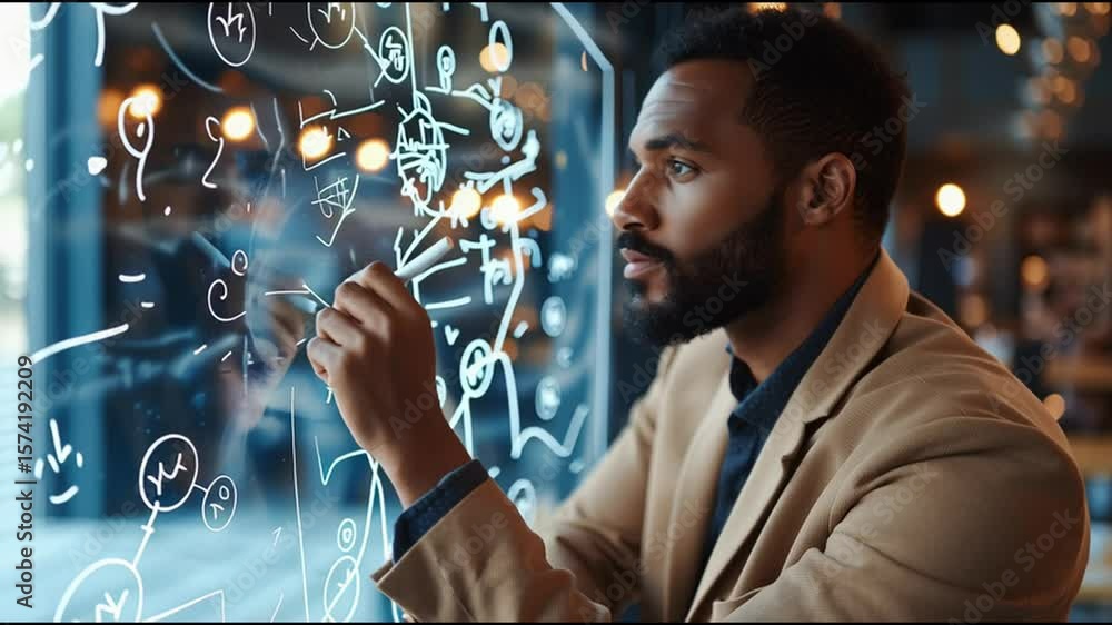 Poster man engaged in brainstorming session in a modern workspace during evening hours with illuminated bac