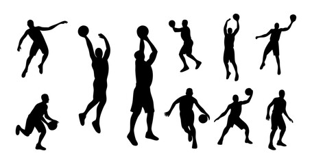 Vector set of basketball player silhouettes in action poses like dribbling, shooting, dunking. Perfect for sports themes, training visuals, posters, and fitness designs. Transparent background.