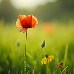 Fototapeta premium Single Red Poppy Flower in a Green Meadow at Sunset