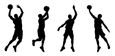 Vector set of basketball player silhouettes in action poses like dribbling, shooting, dunking. Perfect for sports themes, training visuals, posters, and fitness designs. Transparent background.