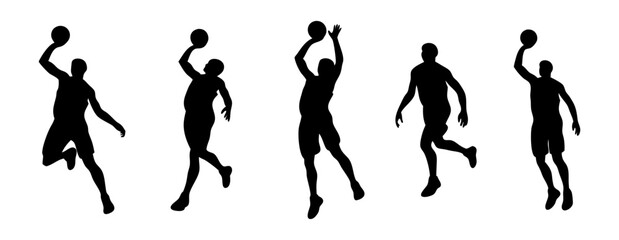 Vector set of basketball player silhouettes in action poses like dribbling, shooting, dunking. Perfect for sports themes, training visuals, posters, and fitness designs. Transparent background.