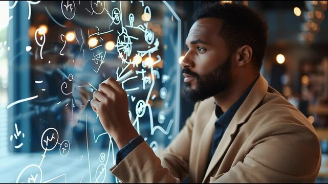 Man engaged in brainstorming session in a modern workspace during evening hours with illuminated background elements