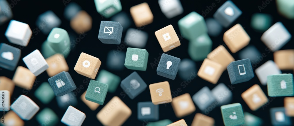 Poster creative digital icons in motion virtual space graphic design dynamic environment aerial view concep