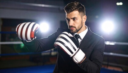 Businessman boxing in ring