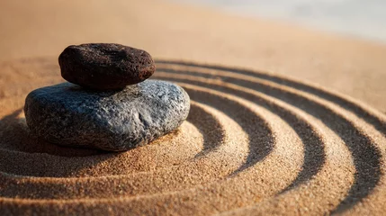 Fototapeten Zen garden stones rest in concentric sand © NAILUN