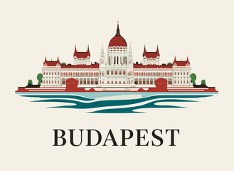 Vector illustration of Budapest Parliament with river in front. Modern minimal design in warm tones, ideal for travel or city-themed artwork