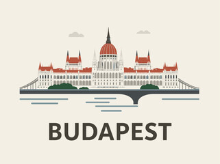 Flat vector of Budapest skyline with Parliament building and bridge over river. Modern minimal style perfect for travel and design