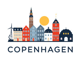 Colorful vector illustration of Copenhagen skyline with sun, modern flat style. Ideal for travel, tourism, or Scandinavian-themed design