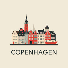 Vector of Copenhagen with colorful buildings and spire. Charming Scandinavian cityscape in flat design