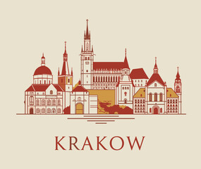 Vector of Krakow skyline with cathedrals, towers and classic European architecture. Warm traditional tone