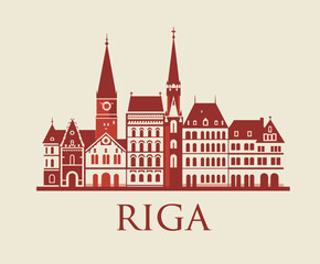 Stylized vector of Riga with historic facades and red towers. Elegant and traditional cityscape