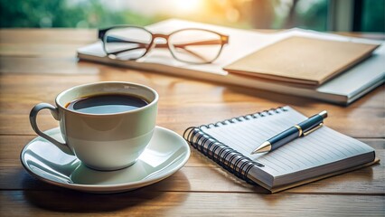 Coffee and notebook on wooden table