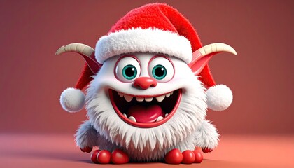 Cheerful cartoon monster in a Santa hat