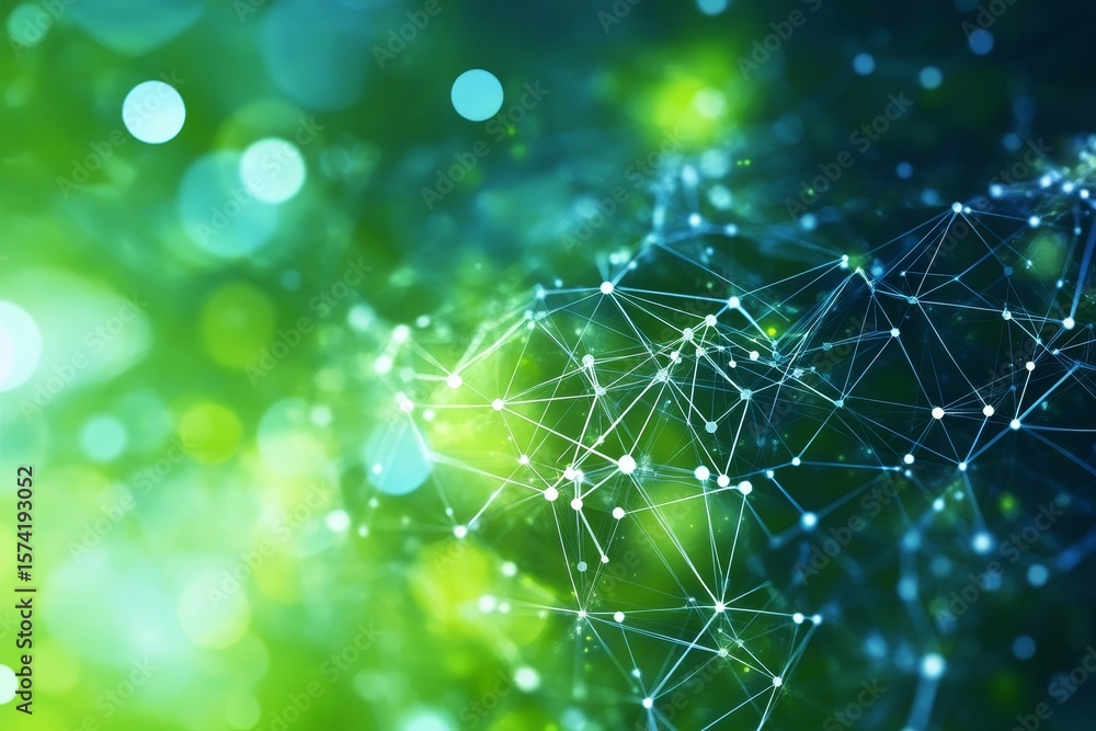 Poster intricate network mesh of glowing dots and interconnect lines on soft organic bokeh background