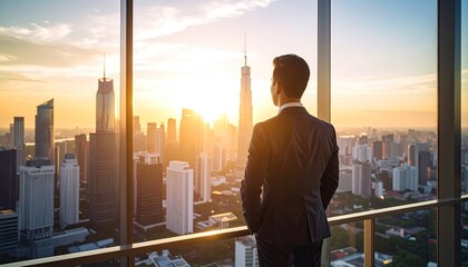 Businessman, city view, sunset
