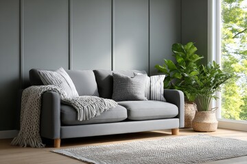 Fototapeta premium Modern living room with gray sofa and indoor plants by bright window