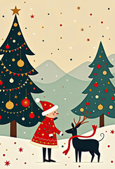 A charming, whimsical Christmas scene with a stylized girl in a festive red coat and Santa hat, interacting with a friendly reindeer wearing a red scarf, surrounded by decorated Christmas trees and fa