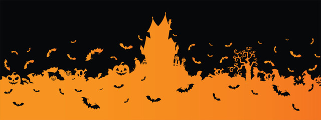 Halloween vector banner, poster with black bats on the orange background. Halloween background with swarm of bats, pumpkins, haunted house, skull, ghost tree.