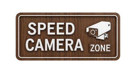 Fototapeta premium Realistic speed camera zone sign with wood texture background and white camera icon