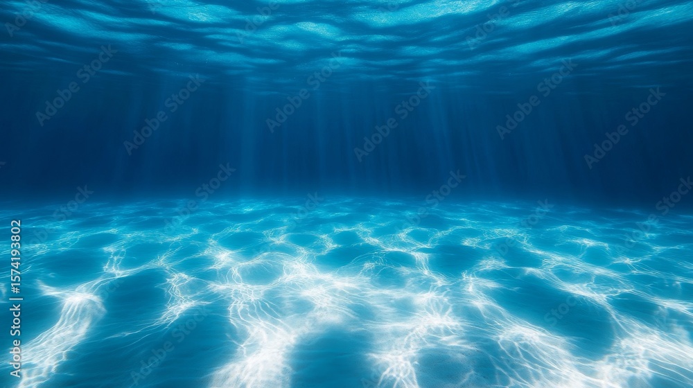Poster sunlight filtering through azure sea depths, casting patterns on sandy ocean bottom for serenity