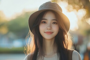 Young Asian woman standing and smiling, isolated on the background, Generative AI