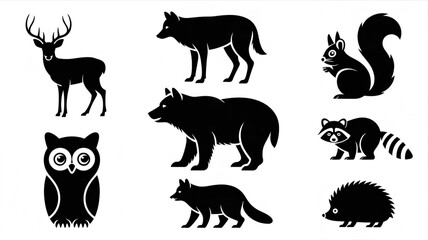 Naklejka premium A set of black silhouette illustrations of woodland animals arranged on a white background.