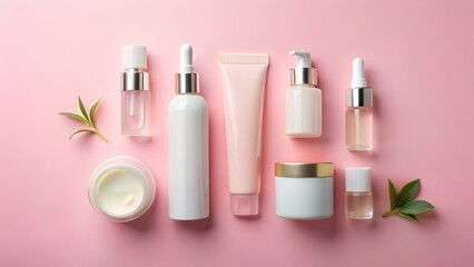 Skincare products arranged on pink background