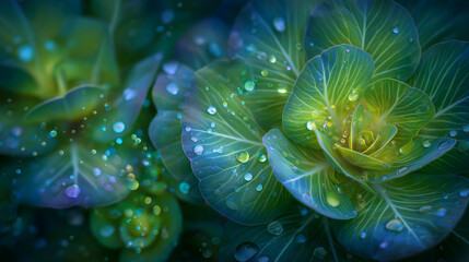 Close-up of Water Droplets on Cabbage Leaves in Morning Mist