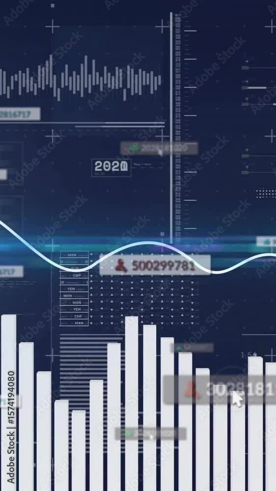Poster bar graphs and data charts with digital wave animation on dark background
