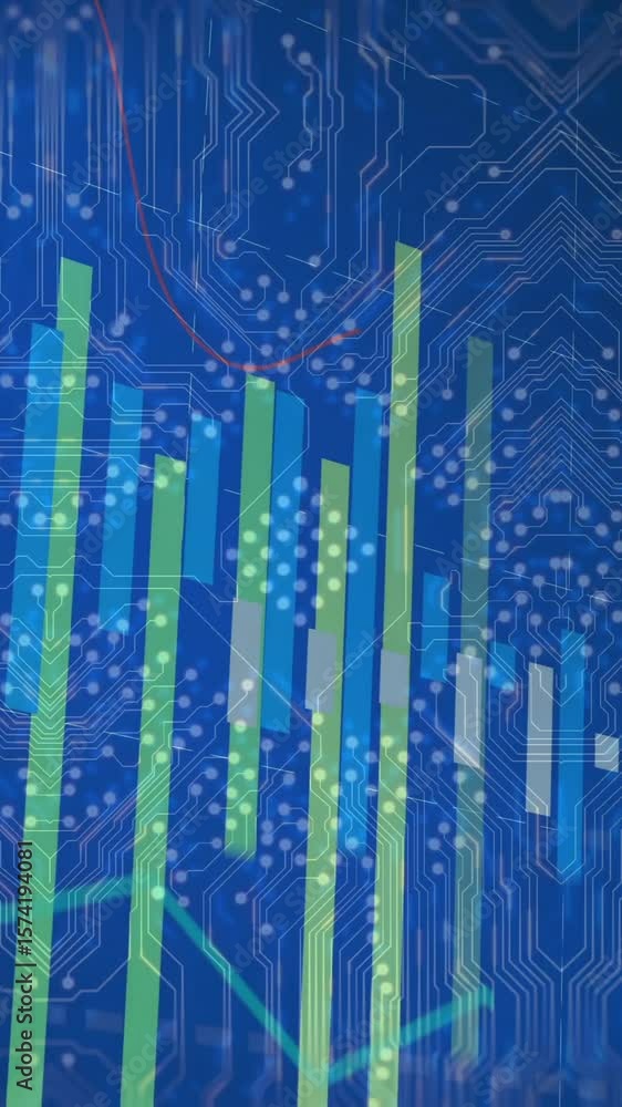 Poster animation of digital bar graphs and circuit patterns showing data analysis concept
