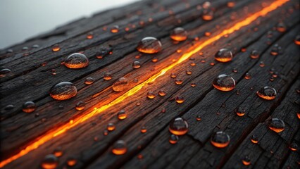 Water droplets on charred wood with a glowing crack running through the surface of the material