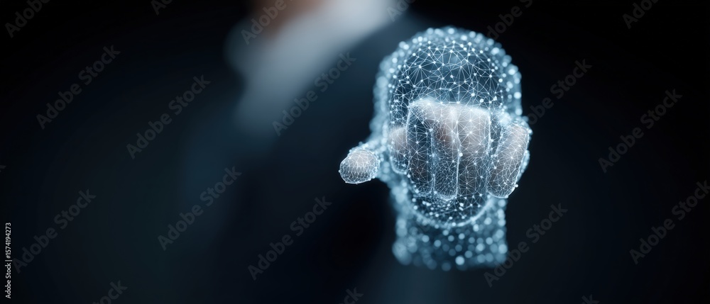 Poster digital hand gesture signifying innovation technology landscape futuristic content virtual environme