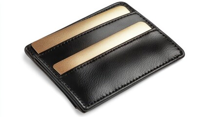 Compact black leather wallet with gold accents.