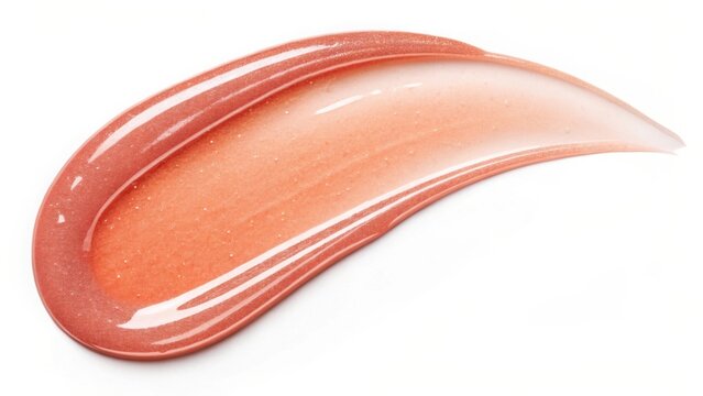 Close up of a single swipe of shiny peach colored lip gloss on a white background in studio lighting