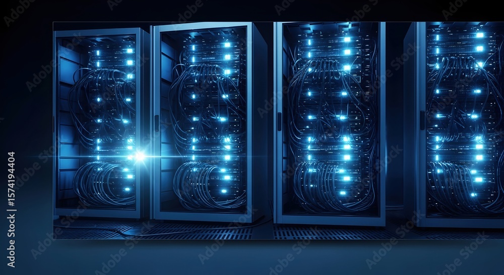 Poster server racks lighting up with blue glow and network cables in data center, cloud computing processin