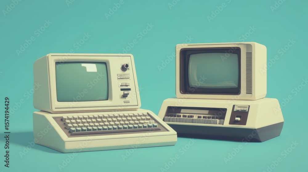 Fototapete retro beige computer display and keyboard against a teal background.