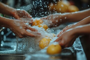 Fototapeta premium People washing raw vegetables in the sink in the kitchen, preparing ingredients for cooking, Generative AI
